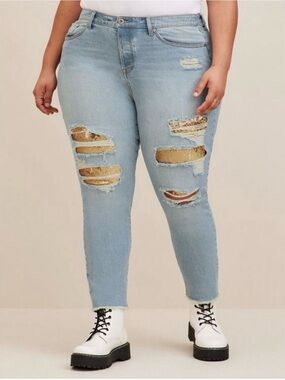 Torrid Plus Size Light Blue Distressed Ankle Jeans with Gold-Sequin Inset